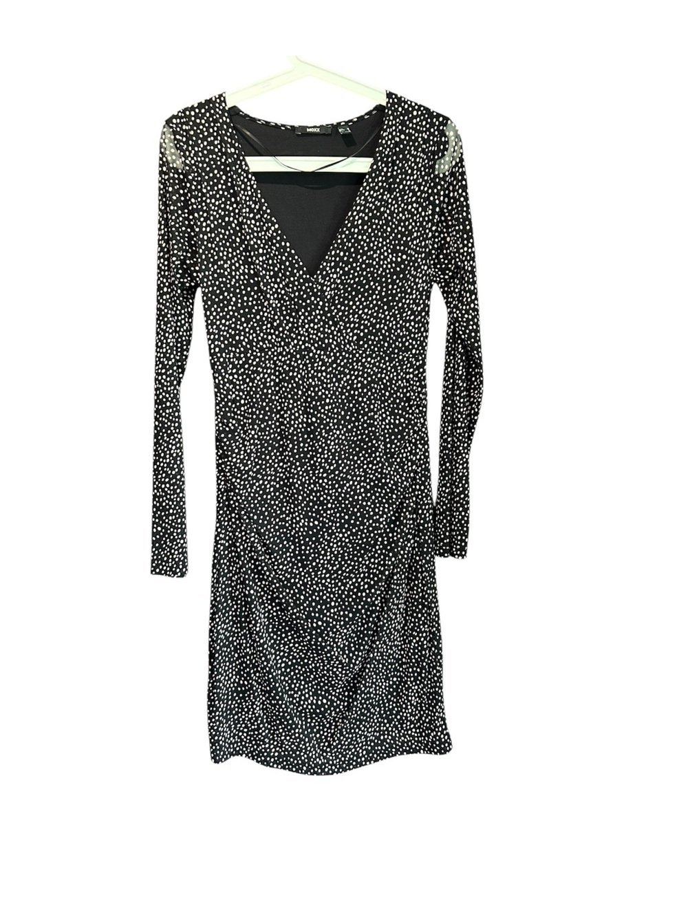 Mexx Black and White Polka Dot Long-Sleeve V-Neck Dress